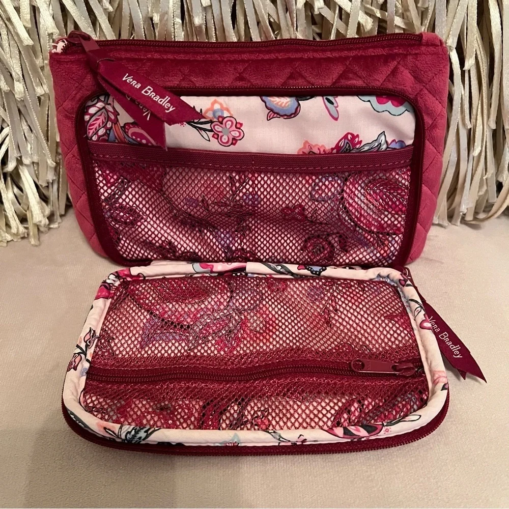 VERA BRADLEY Majestic Magenta Velvet Makeup Cosmetic Organizer Travel Bag Zipper